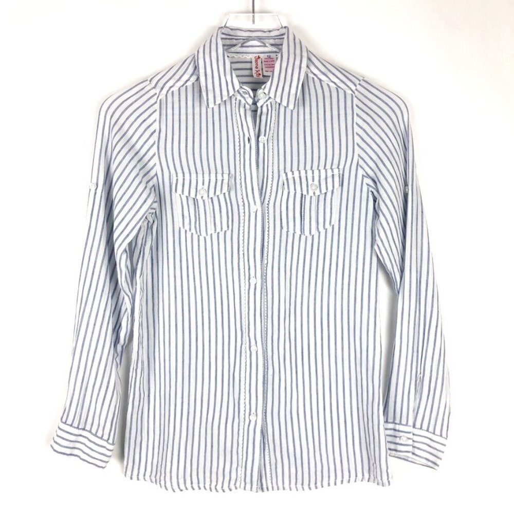 Japna Shirt Kids Size 12 White Blue Striped Button Down 100% Cotton Lightweight